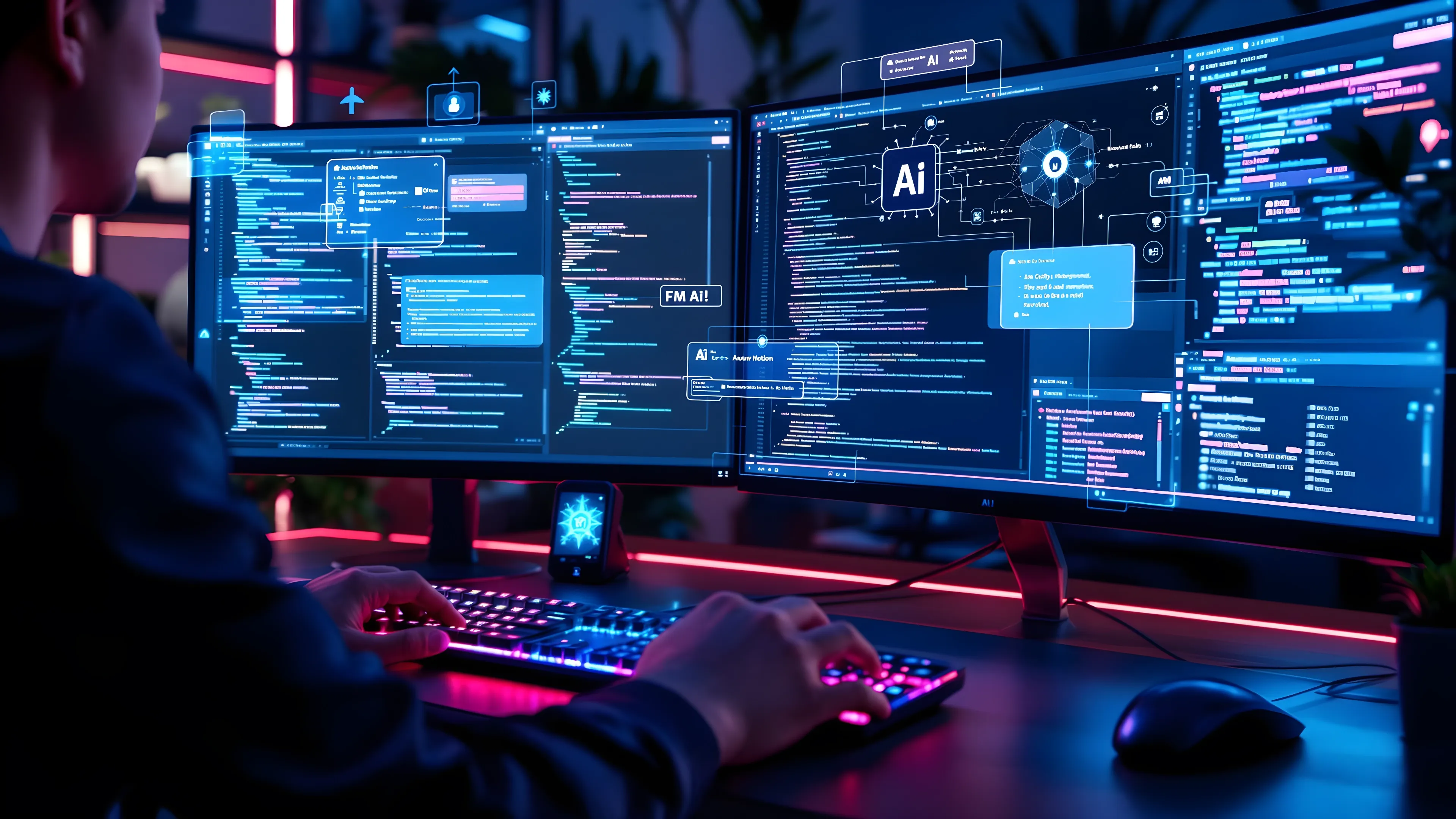 Person programming on dual monitors with AI-related data and coding information.