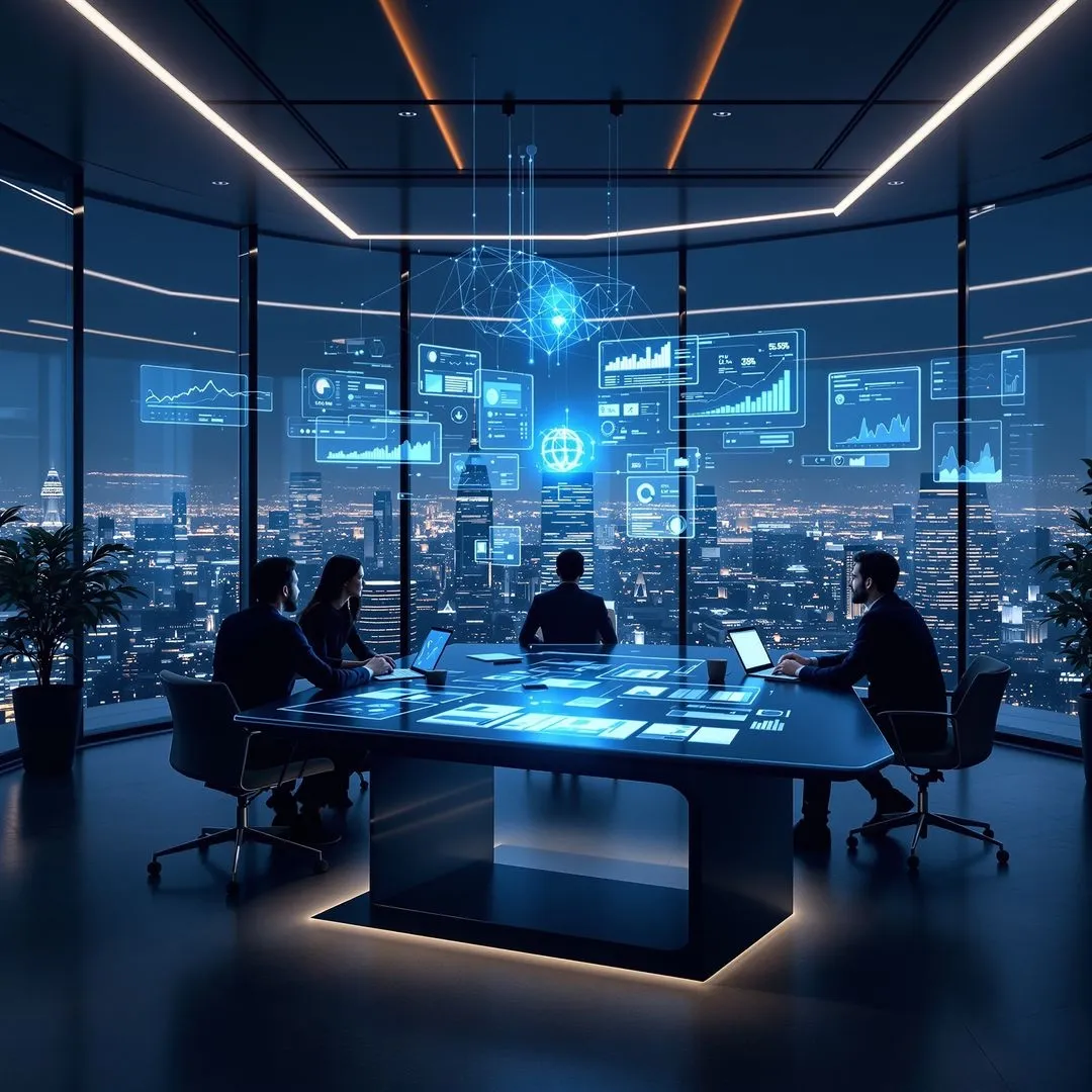 Business professionals collaborating on digital marketing strategy in a modern boardroom.