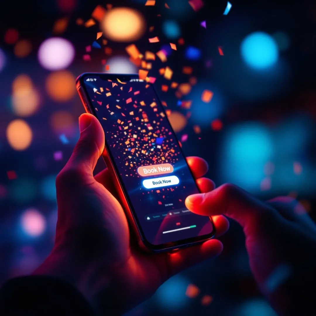 A hand holding a smartphone displaying a vibrant 'Book Now' screen with colorful confetti.
